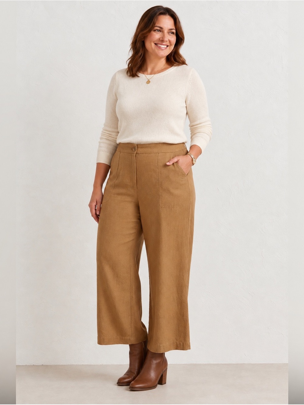 Jones New York Signature Linen Blend Wide Leg Crop Pants Camel Tan Size 10